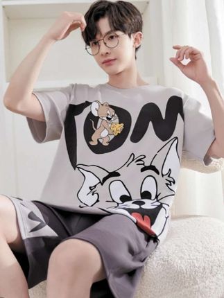 男士睡衣夏季纯棉大码卡通青少年休闲夏天薄款全棉学生家:/ 居服套装