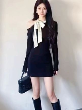 #上热门♡ 早期纯欲蝴蝶结黑色针织连衣裙子女修身包臀露肩包臀a字短裙显瘦#今日穿搭 #每日穿搭推荐 #每日穿搭 #穿搭日常分享 @DOU+小助手