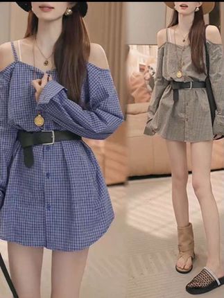 法式气质露肩长袖格子衬衫连衣裙女夏季新款收腰显瘦小个子短裙子#气质女神穿搭 #又美又飒 #洋气减龄 #时尚穿搭 #今天穿什么 @DOU+小助手