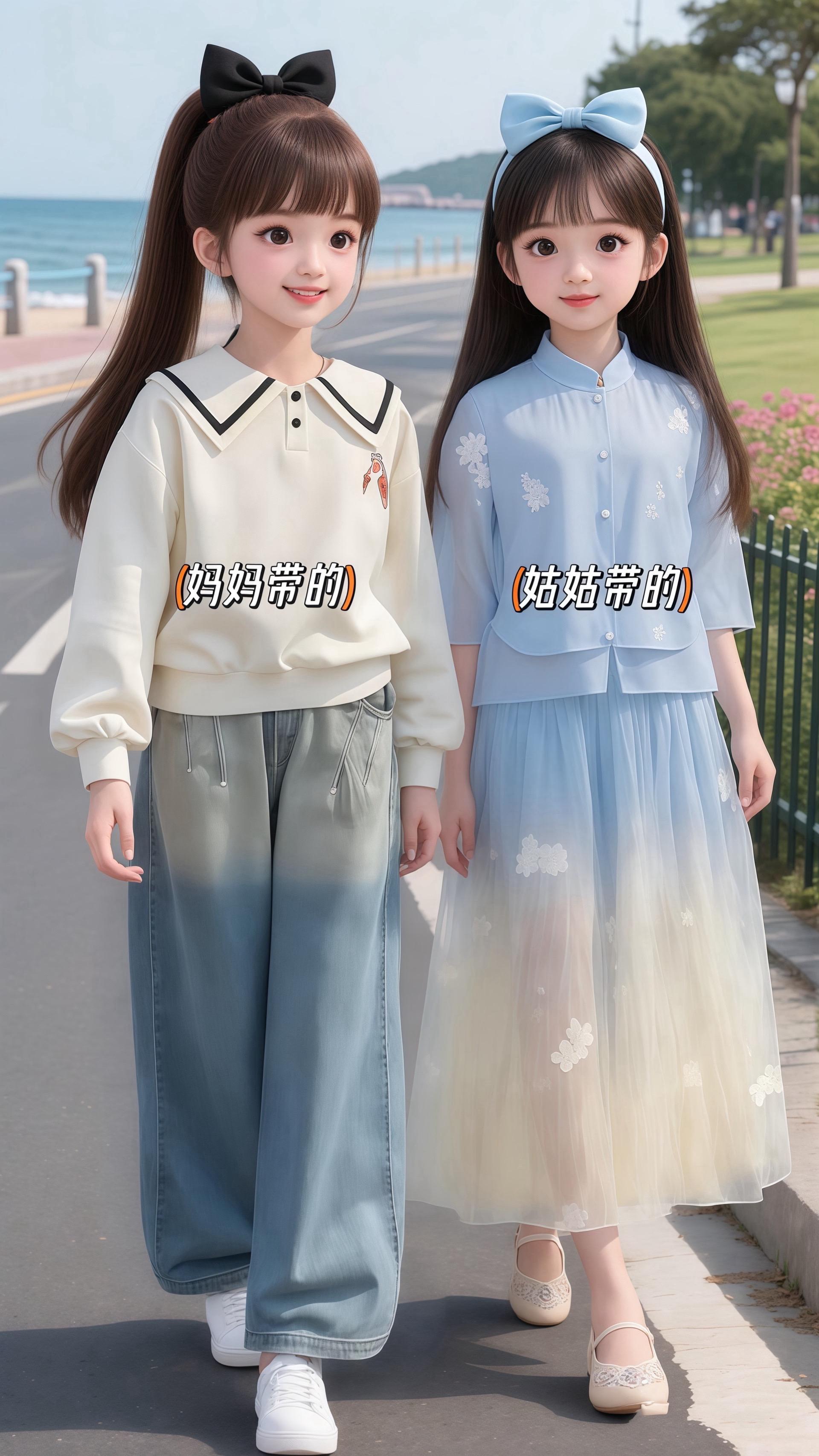 秋日的海边公园,女童像个灵动的小公主,米白色海军领卫衣领口的黑边可爱又精致,卡通图案为整体设计增添了童趣,搭配的渐变阔腿牛仔裤,宽松舒适的版型让孩子跑跳活动自如,脚踩小白鞋,黑色大蝴蝶结马尾辫随着步伐轻扬,无论是周末公园嬉戏还是安静的校园时光,这套2025新款春秋套装,都把女童的潮范与童真活力,在秋日里演绎得恰到好处,是童装穿搭里的一抹清新亮色。 #早秋韩系氛围感穿搭#生女儿就要这样穿#早秋穿搭公式来了#早秋秀场抄作业告别路人感#高品质童装