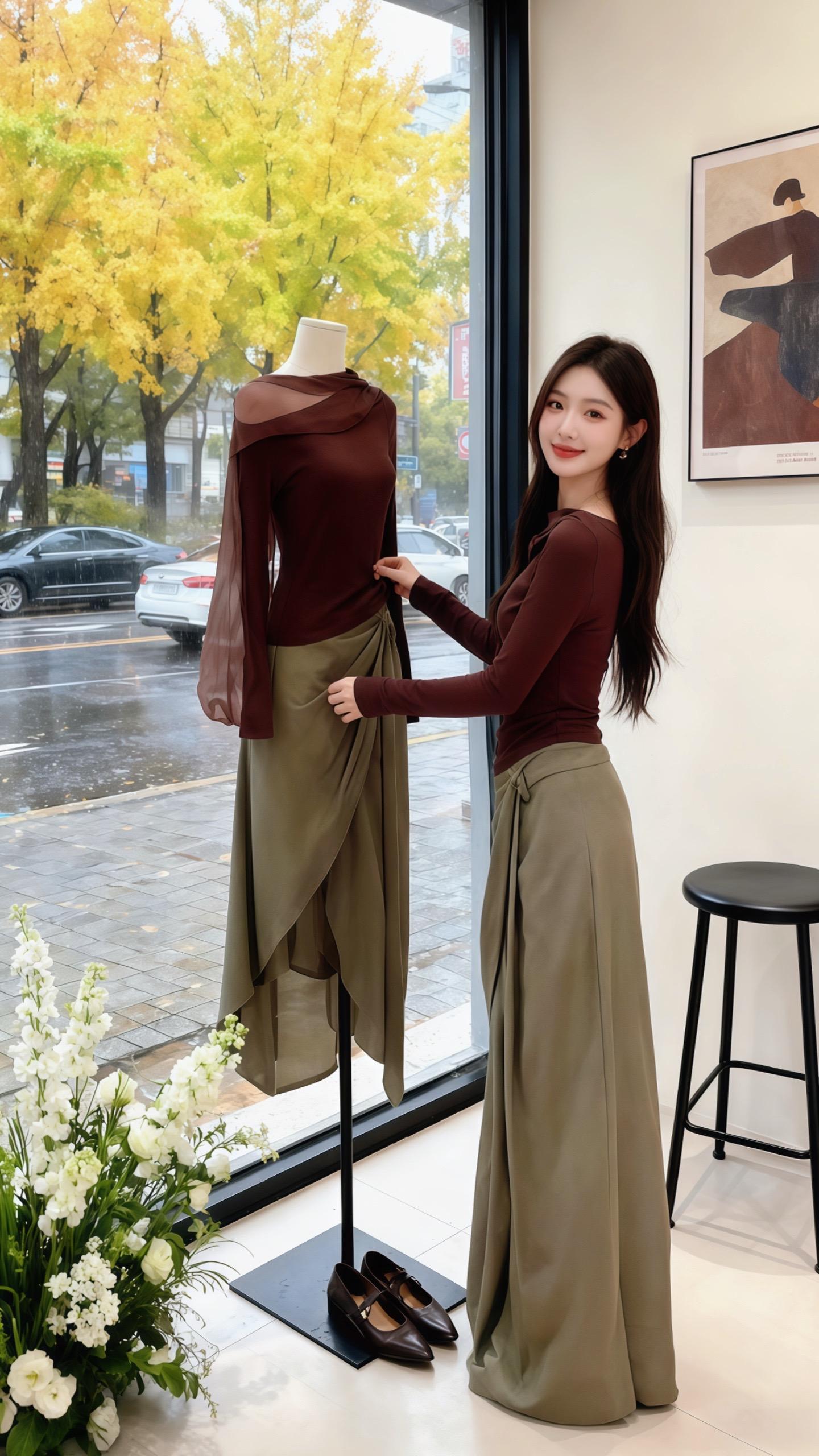 苏晚抱着博美犬在自家服装小店整理陈列,身上的棕咖色露肩上衣衬得她肌肤细腻,橄榄绿裹身裙勾勒出温婉曲线。 推门声响起,顾景深走进来,目光落在她身上时微顿。“这套搭配……很有层次。”他声音低沉,苏晚抬眸,撞进他含笑的眼。窗外秋雨缠绵,店内白花香氛萦绕,这一刻,时尚与心动,在方寸之间悄然交织。 #韩系穿搭 #今天穿什么 #温柔穿搭 #慵懒风 #辣妹穿搭