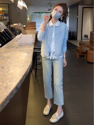 早春一整套女装2025新款韩版温柔毛衣蕾丝百搭开衫直筒长裤三件套