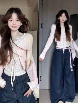 韩系甜美碎花撞色修身假两件系带针织上衣开衫秋季修身上衣 #秋季穿搭#时尚#百搭#显瘦#慵懒