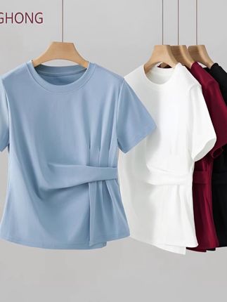法式减龄圆领正肩短袖T恤女夏季修身显瘦设计感褶皱气质上衣2522#夏季穿搭 #t恤衫女款短款 #女装 #女款t恤小香风翻领 #短袖推荐