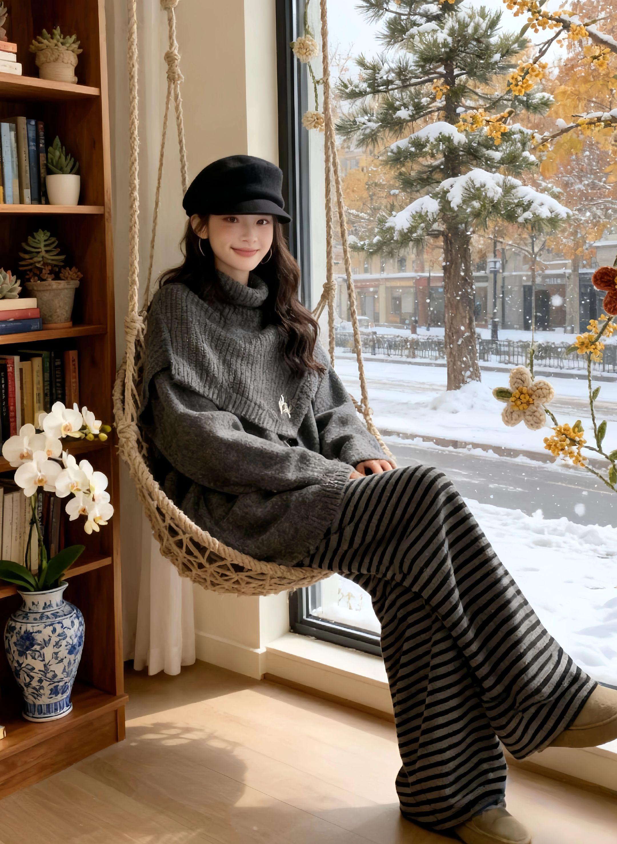 初雪簌簌飘落在临街的窗沿,知夏坐在摇篮里靠在她的孕装展示区,灰色针织套装将她惬意裹覆。衣身软似棉絮,每一针都妥帖照顾孕期的舒适与自在,高领设计抵御凉意,宽松廓形让孕态无拘无束。   她单手拿着相机,目光掠过衣摆——这细腻的质感,是冬日里赠予孕妈的慵懒乐章。窗外雪街银装素裹,行人的笑语在雪色里透着暖意,而她在这满是闲适的角落中,被针织的暖、萌宠的憨和新生命的憧憬围绕,正如这套穿搭的心意,把所有冬日的清冷都隔绝在外,只留一室的松弛与温柔。#慵懒风穿搭 #ootd穿搭 #冬季穿搭 #孕期穿搭 #孕期也要保持美丽