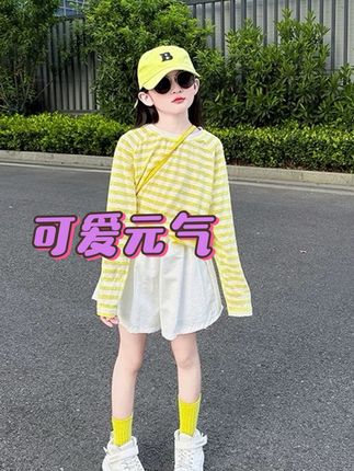 女童夏季冰丝条纹防晒空调衫上衣短裤套装#夏季穿搭 #高品质童装 #每日推荐 #夏天该有的样子 #谁穿谁好看系列