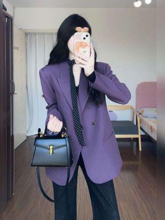 新款韩系高级感紫色西装外套女搭配高腰牛仔裤气质两件套#高级感穿搭 #优雅气质 #高级感 #西装控 #气质范