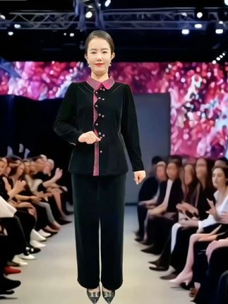 妈妈秋冬时尚娃娃领丝绒小衫短款中老年女装秋季洋气开衫拼色上衣#秋冬新款 #娃娃领上衣 #谁穿谁好看