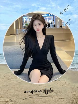 小众性感深V领黑色长袖连衣裙女2025新款法式御姐收腰褶皱包臀裙#连衣裙 #长袖连衣裙 #收腰连衣裙 #包臀裙 #性感连衣裙