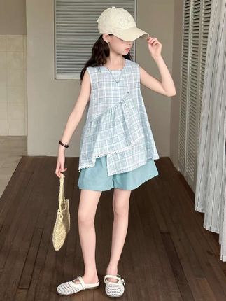 【120~170码】#不规则穿搭 #无袖上衣 #短裤套装 #女童套装 #洋气穿搭