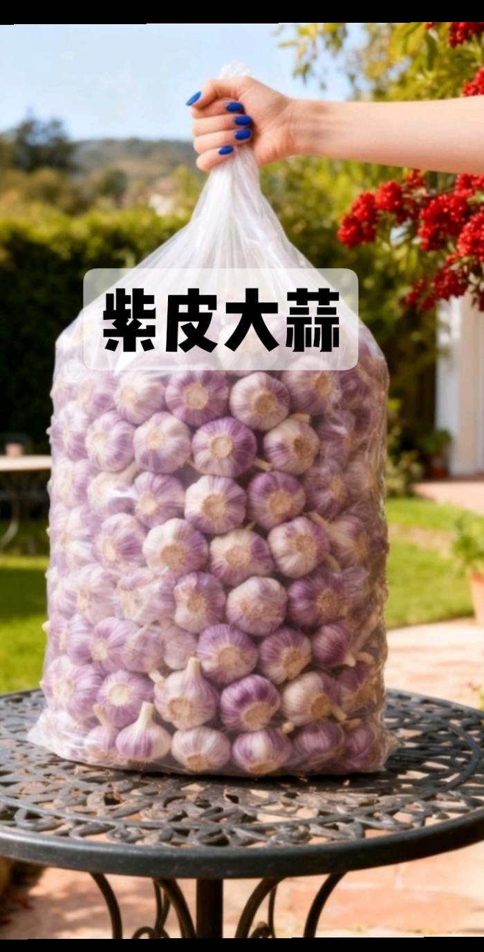 在一处精致漂亮的院子里,一张造型别致的小圆桌上,放着满满一大袋紫皮大蒜,袋旁还点缀着一抹朱砂,周围绿意盎然,远处景致优美,整体画面清新又富有生活气息。 #小圆桌 #紫皮大蒜 #精致庭院 #生活场景