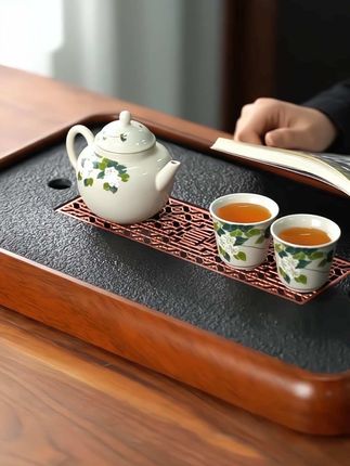 #创作灵感 家用新中式小型茶盘,胡桃色仿乌金石茶台易打理一擦即净,储排两用干泡台#茶盘 #乌金石茶盘 #干泡台 #功夫茶