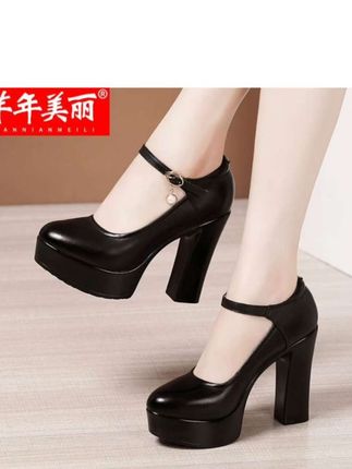 防滑高跟走秀高跟鞋女粗跟真皮厚底防水台圆头大码旗袍秀专用鞋
