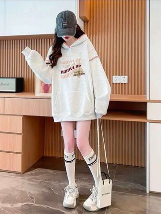 #胖mm大码休闲百搭纯棉设计感连帽卫衣女春秋款中长款外穿上衣外套