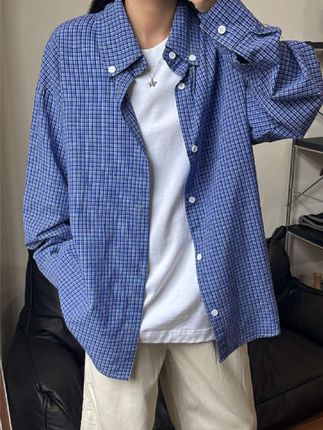 美式vintage蓝色格子衬衫男款春秋季休闲高街慵懒风长袖衬衣外套