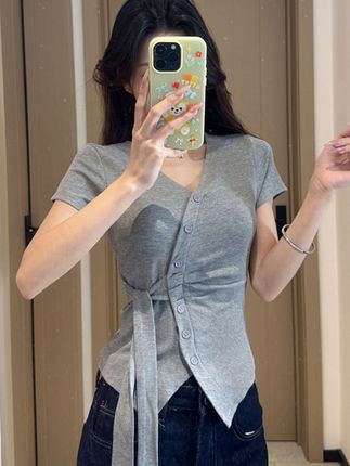 【李抱抱专属】夏季法式设计感上衣修身显瘦短袖绑带不规则V领T恤