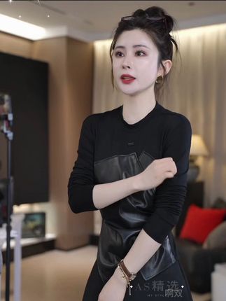 【AS奥莉】不对称针梭拼接时尚套头弹力上衣皮质 #高级感穿搭 #穿搭 #气质穿搭 #显瘦穿搭 #啊双