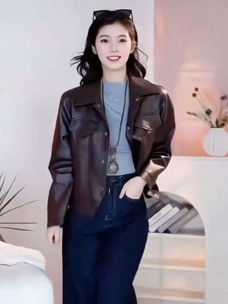 海宁复古上衣翻领港风冬新款皮衣女夹克外套#谁穿谁好看#洋气减龄