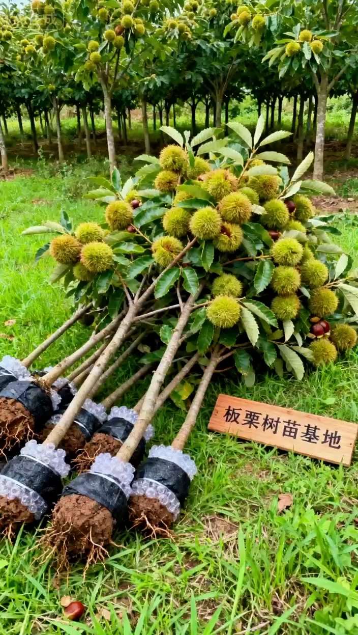 谁懂啊!树苗竟挂满板栗球…… #果苗种植 #板栗 #优质农产品 #板栗树苗 #嫁接苗 家人们快看这板栗树苗!带土球挖的超鲜活,枝头上全是翠绿带刺的板栗球,有的都裂开缝,能瞅见里面棕褐色的果儿,叶片也宽大油亮。 种在铺了黑地膜的园子里特省心,远处就是大 片树林和蓝天白云,这景象看着就喜人。不管是想搞小种植园,还是自家院子种几棵,这挂果状态的树苗,栽下等着收板栗就行,真心值!