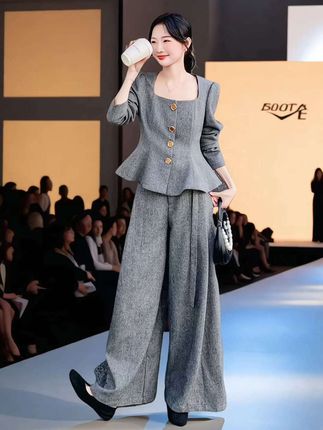 韩剧女主千金风套装裤女2025春秋新款巨显瘦方领上衣阔腿裤两件套#时尚女装#时尚穿搭 #早秋穿搭 #引领时尚潮流