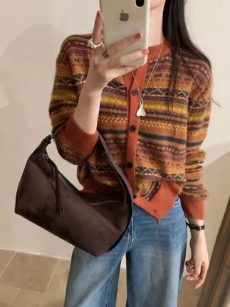 【重工花纱】七针加厚浣熊绒羊毛开衫女装春秋秋季彩虹条纹针织衫#穿出高级感 #春秋针织衫 #针织衫 #毛衣穿搭 #高级穿搭