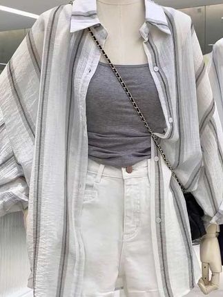 韩气质竖条纹宽松薄款防晒衣衬衫外套#衬衫#衬衣#罩衫#防晒衣#防晒衫