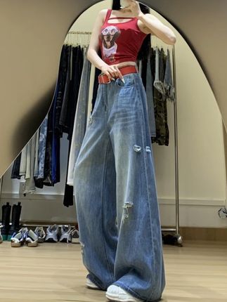 高腰显瘦破洞垂感牛仔裤女夏季新款宽松设计感阔腿拖地长裤#牛仔裤 #牛仔裤女 #夏季新款 #小众设计感 #宽松显瘦