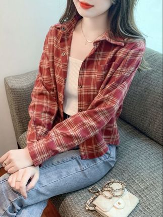 复古磨毛格子衬衫女新款春秋新款韩版长袖上衣设计感休闲短款衬衣#新款上新 #格子衬衫 #秋款穿搭 #视频剪辑 #好物推荐🔥