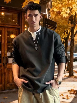 #春秋穿搭 #假两件T恤 #男女同款#简约穿搭 #品质男装