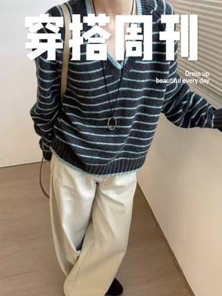 秋季新款套头条纹V领毛衣女宽松慵懒针织衫上衣#早秋新品 #早秋新潮季 #秋冬新款 #秋冬慵懒风毛衣穿搭 #秋季上新