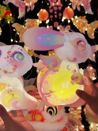 【中秋节新款立体小兔子灯笼材料发光儿童手提花灯招财投影#中秋节 #新款 #小兔子灯笼 #手提花灯 #手工diy