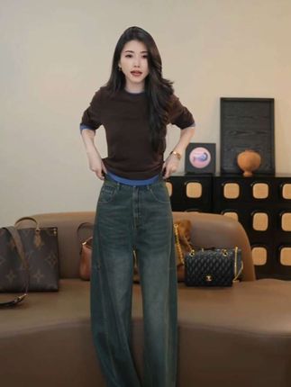 绿色牛仔长裤#高级感穿搭 #极简穿搭 #减龄气质 #显瘦显高