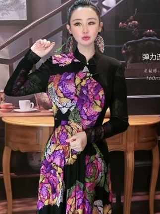 女装弹力网纱连衣裙秋冬复古T006196#优雅气质 #高端大气 #减龄气质 #改良旗袍连衣裙 #谁穿谁好看