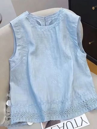 今年流行蓝色刺绣亚麻无袖衬衫夏季新款宽松百搭甜美上衣#洋气小衫 #百搭上衣 #优雅气质 #穿出自己的风格 #谁穿谁好看特别有女人味
