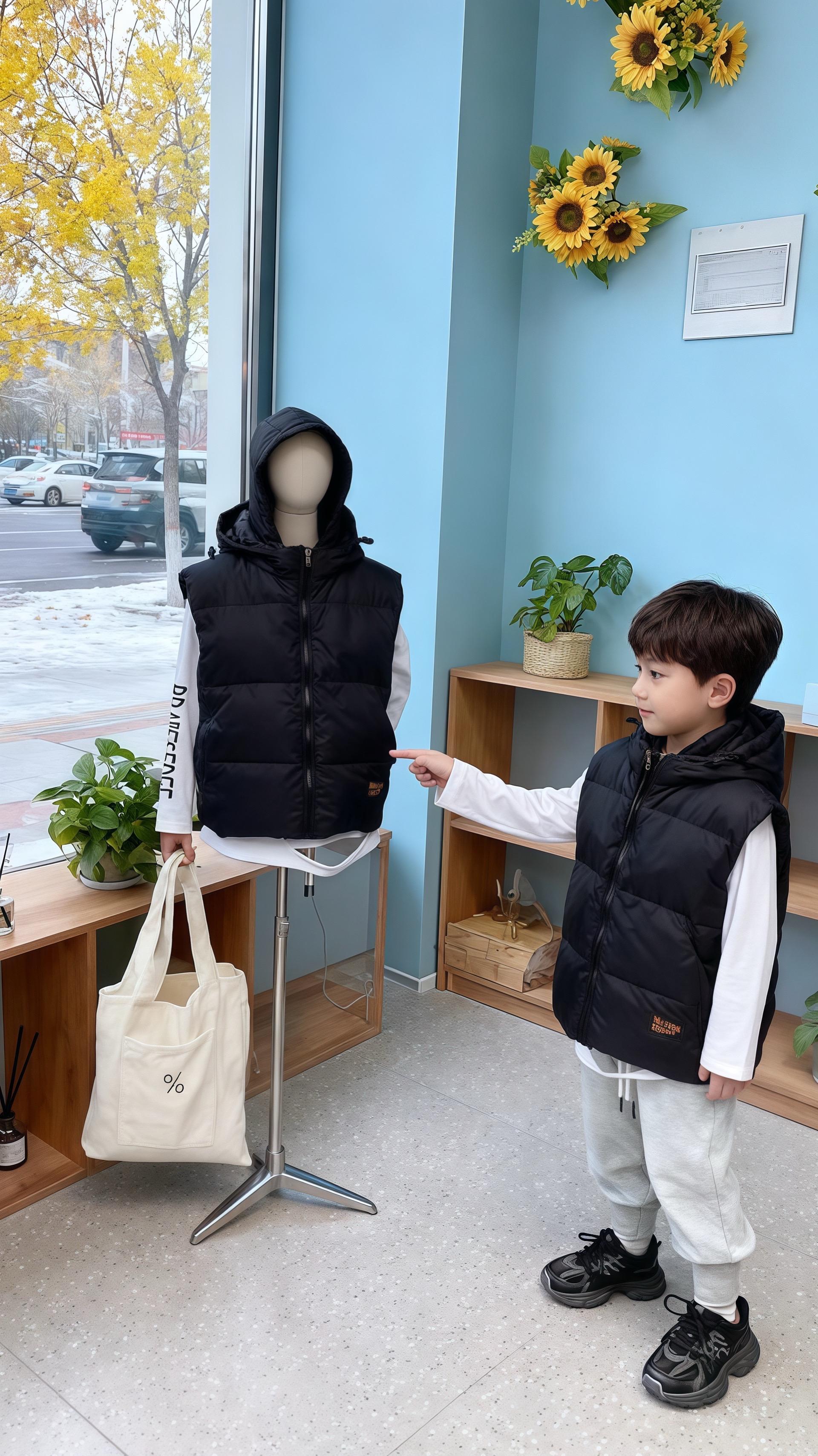 儿童马甲。#高品质童装 #图文伙伴计划#儿童马甲背心 @DOU+小助手 早送娃上学,他盯着店里模特尖叫:“妈!这马甲和我身上的一样!” 可不是嘛——上周刚入的连帽羽绒马甲,今天零下2度,套在白长袖外,风裹着雪粒子砸过来,他蹦跶着喊“不冷!”。  哑光黑软乎乎的,压纹蓬松但不臃肿,娃套校服里也不显胖;连帽是真挡风,拉链一拉护住小脖子,袖口露着的“小字母”,他说同学都问哪买的。  配了浅灰卫裤,踩双运动鞋,下楼时邻居宝妈追着要链接——毕竟这厚度,南方过冬够了,北方搭件毛衣也暖,关键是机洗不跑绒,我昨天丢洗衣机转完,蓬得和新的一样。  现在娃站模特旁比着,非要再囤件大码明年穿。降温天别等啦,娃穿上蹦跳都不冻,这“移动小暖炉”,闭眼入准没错~