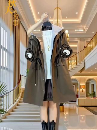 #欧货秋款女装#假两件连帽气质风衣外套#秋冬氛围感穿搭
