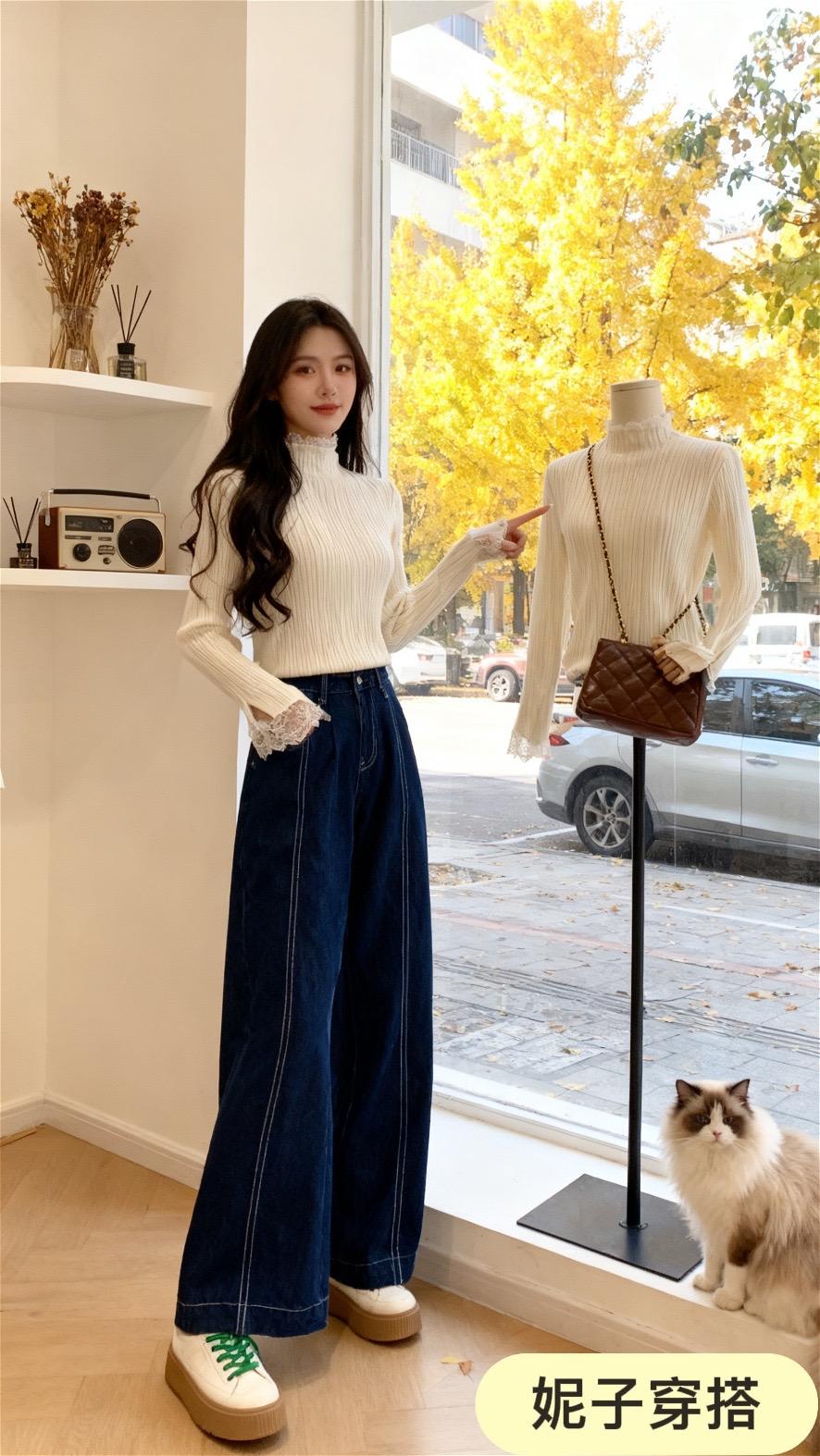 #蕾丝边韩版百搭修身显瘦上衣#打底针织衫#洋气减龄