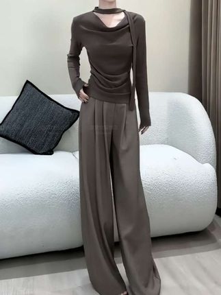 #早秋搭配 2025早秋新款设计感荡领飘带长袖打底衫上衣垂感百搭阔腿裤套装女 #小众设计感 #垂感百搭阔腿裤 #长袖打底衫 @DOU+小助手