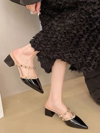 新款裸色尖头高级感包头中跟铆钉法式外穿半拖女带跟凉拖鞋#尖头半拖鞋#包头中跟单鞋 #铆钉凉鞋#百搭#好穿不累脚