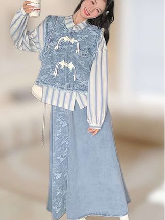 新中式国风牛仔套装女2025春秋新款条纹衬衫提花马甲半身裙三件套 #时尚穿搭时尚穿搭时尚 #中式风穿搭 #国风穿搭 #时尚搭配服装 #重工刺绣