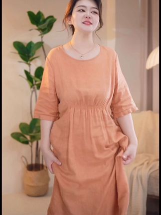 亚麻文艺连衣裙女夏季新款圆领短袖宽松纯色气质显瘦裙子女#亚麻连衣裙#优雅气质