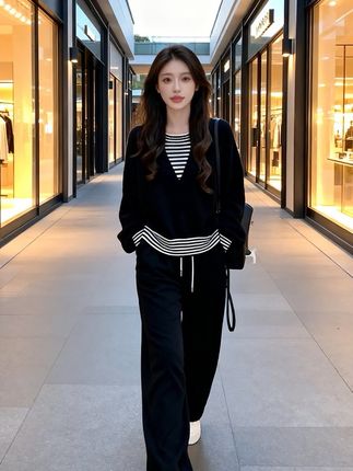 2025秋季新款韩系慵懒风长袖假两件针织上衣女阔腿裤两件套套装女#早秋穿搭三分钟出门不是梦 #减龄气质 #显瘦遮肉 #时尚休闲套装 #套装显瘦穿搭