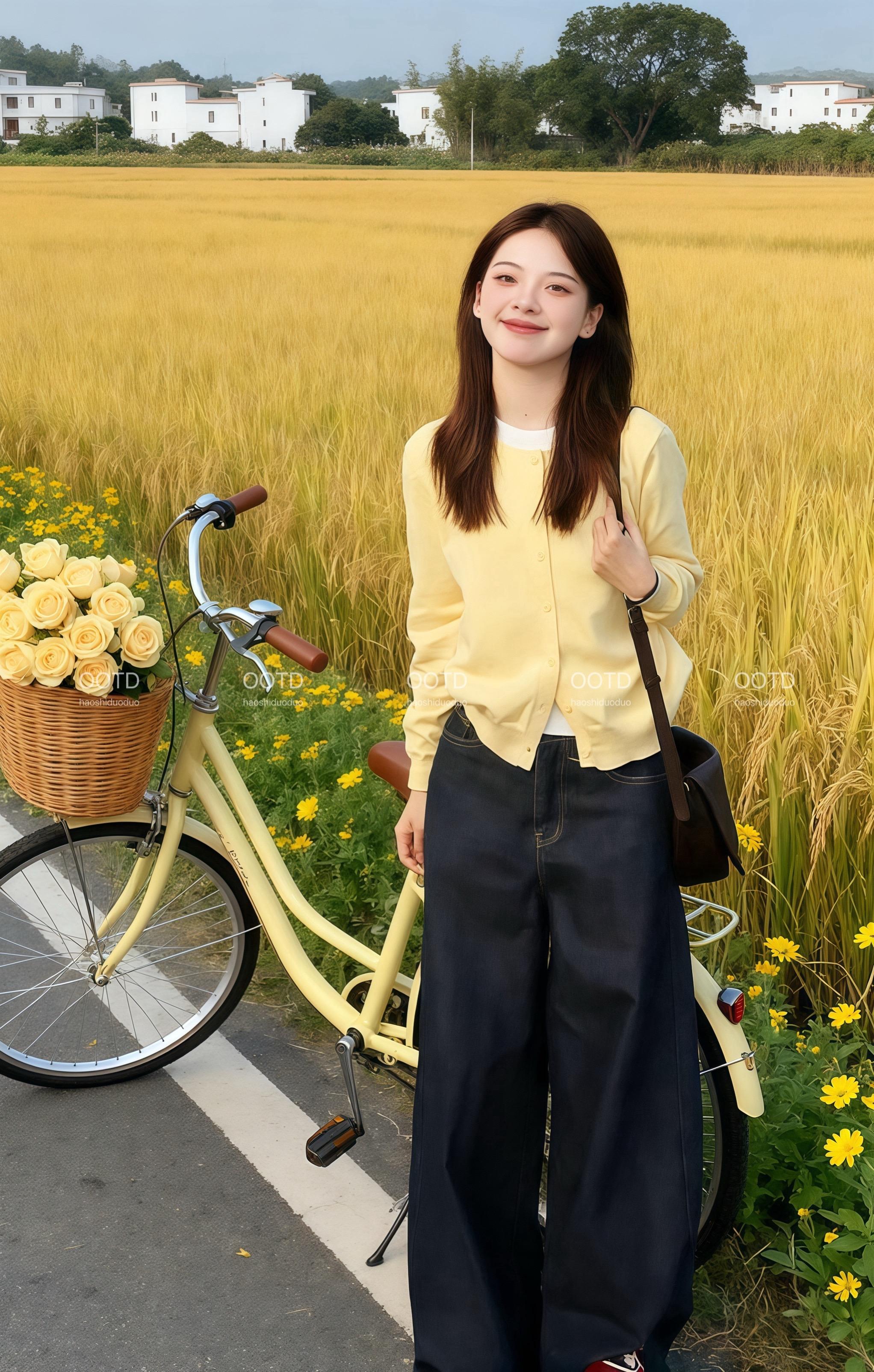 在金黄稻田的怀抱里,浅黄复古自行车静静停靠,藤编筐里的黄玫瑰散发着温柔气息。她立于其间,明黄开衫与这片秋日盛景相映成趣,白房子的炊烟袅袅,仿佛在诉说着田园的诗意与悠然,每一处都藏着治愈人心的美好。#每日穿搭look #文艺小清新 #ootd穿搭 #甜美穿搭 #温柔穿搭 @抖加🔥上热门🔥dou+🔥热点宝