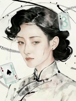 《心算》 玉姐打牌日常 #李宁玉 #水墨画 #AIGC
