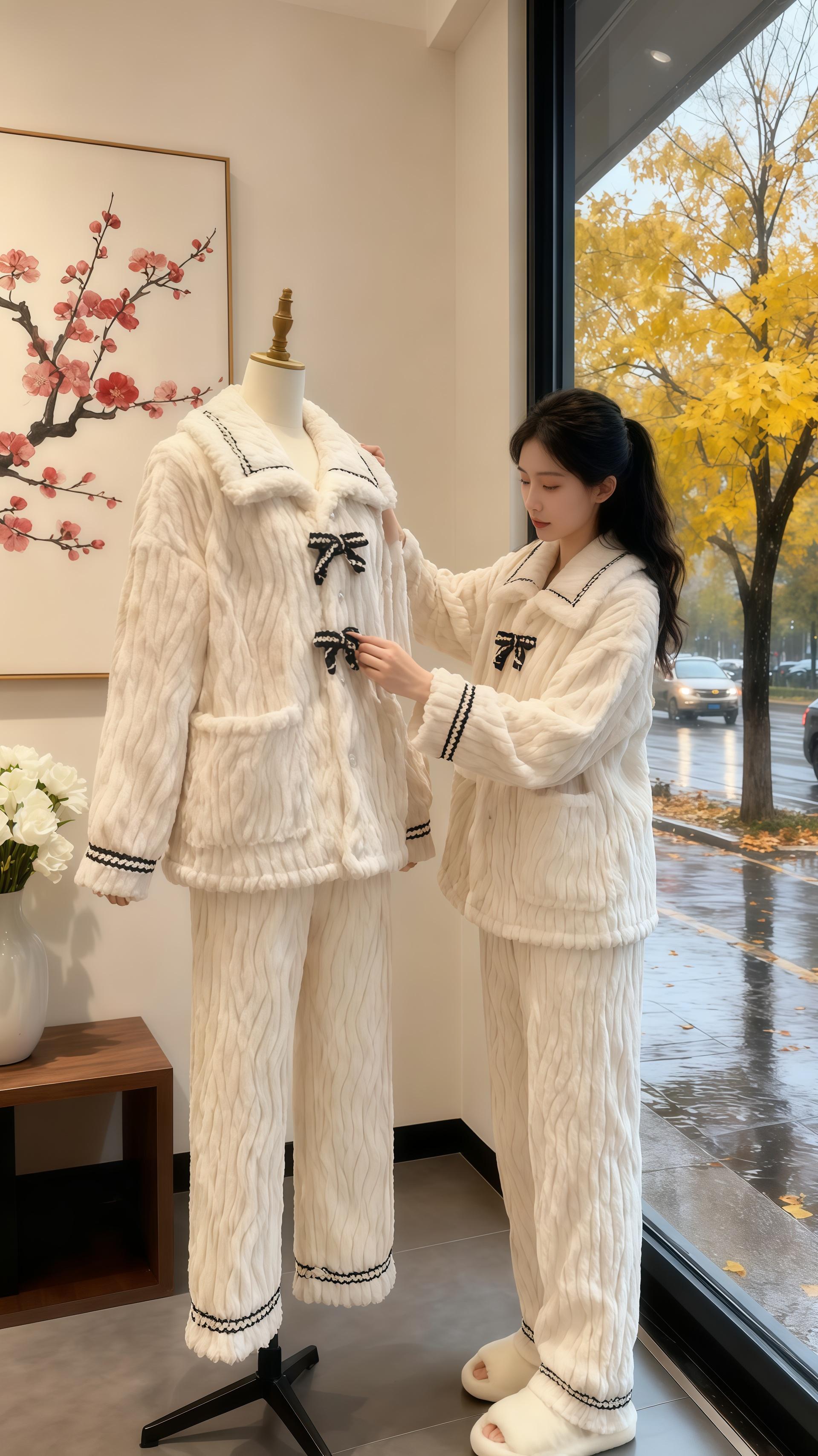 “在满室温柔的女装店里,指尖抚过同款绒绒套装的纹理。落地窗外,秋雨打湿了黄叶满街的街道,墙上梅花挂画与桌旁白玫相映成趣。把这份秋日的柔软,连同窗外的诗意,一起妥帖安放。” “伸手取下衣架上的同款暖绒套装,像握住一捧秋日的暖阳。落地窗外,雨丝裹着金黄树影,车辆在湿润街道上安静驶过。店里的梅花画与白花开得正好,把这份慵懒优雅,穿成属于秋天的仪式感。” “窝在暖棕沙发里,绒绒套装裹住满身惬意。身旁蓝白花卉花束漾着清新,落地窗外秋雨敲打着黄叶街道。梅花挂画在墙畔静默,把工作与松弛,都融进这秋日的文艺氛#珊瑚绒家居服 #宽松休闲家居服 #早秋姐感气质穿搭 #早秋黑白灰穿搭测评 #舒适睡衣