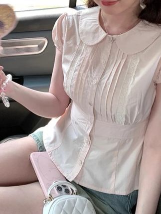 韩系温柔风粉色娃娃领收腰短袖衬衫女夏季设计感减龄蕾丝花边衬衣#衬衫#短袖衬衫#上衣#收腰显瘦#女装