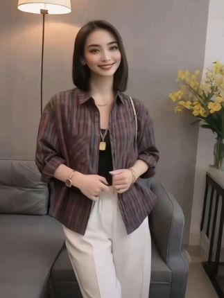 女秋季格子长袖衬衫宽松显瘦减龄气质时尚百搭格子上衣#新款#春秋穿搭