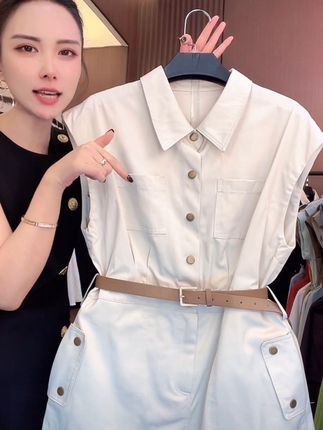 白色气质收腰显瘦连衣裙女夏季小香风工装polo领短袖纽扣衬衫#高级感穿搭 #新款连衣裙 #夏装 #穿搭推荐 #强烈推荐