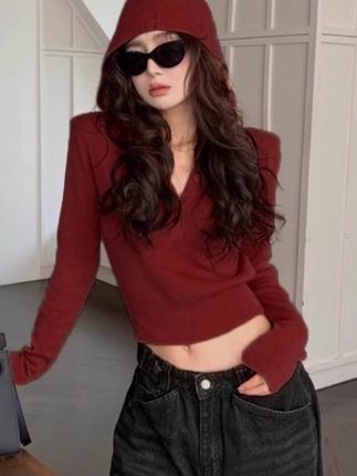 美式辣妹橘色连帽针织衫女秋季设计感修身收腰长袖毛衣内搭短上衣#夏季穿搭 #牛仔裤 #女装 #今日穿搭 #高级感穿搭