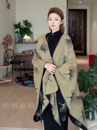 秋冬厚款中式水墨画披肩女士保暖斗篷旅游披风百搭高级氛围感围巾#上热门 #春秋穿搭 #披肩 #围巾 #斗篷